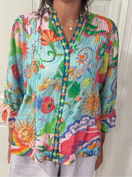 Johnny Was Tops - Johnny Was Multicolor Sun & Floral Print Button Blouse — Sky Blue Base